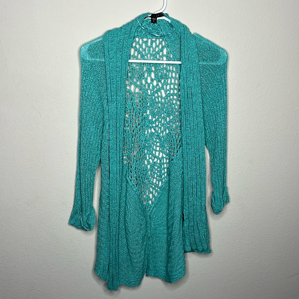 Fever Open Front Crochet Back Cardigan Sweater Teal Size L